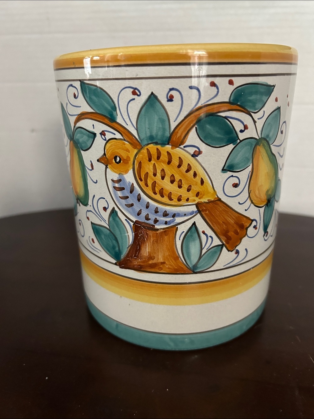 Italian Deruta Hand-Painted Yellow Bird, fruited Ceramic Vase or utensil holder
